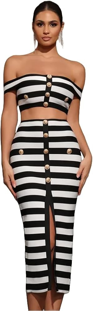 Women Stripe Off Shoulder Crop Top and High Waist Skirt Two Piece Sets Celebrity Evening Club Par... | Amazon (US)