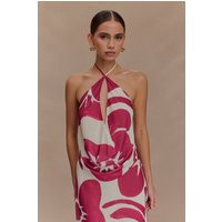Katalina Chiffon Cowl Halter Top - Red Deco Fleur Print I MESHKI I Size XXS | MESHKI US