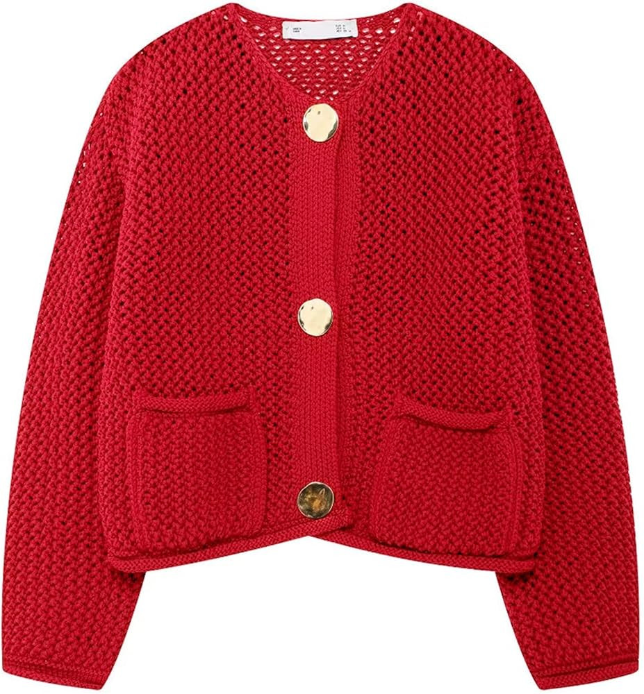 Wyeysyt Womens Cropped Cardigan Sweaters Chunky Knit Gold Button Down Open Front Cardigan Long Sl... | Amazon (US)