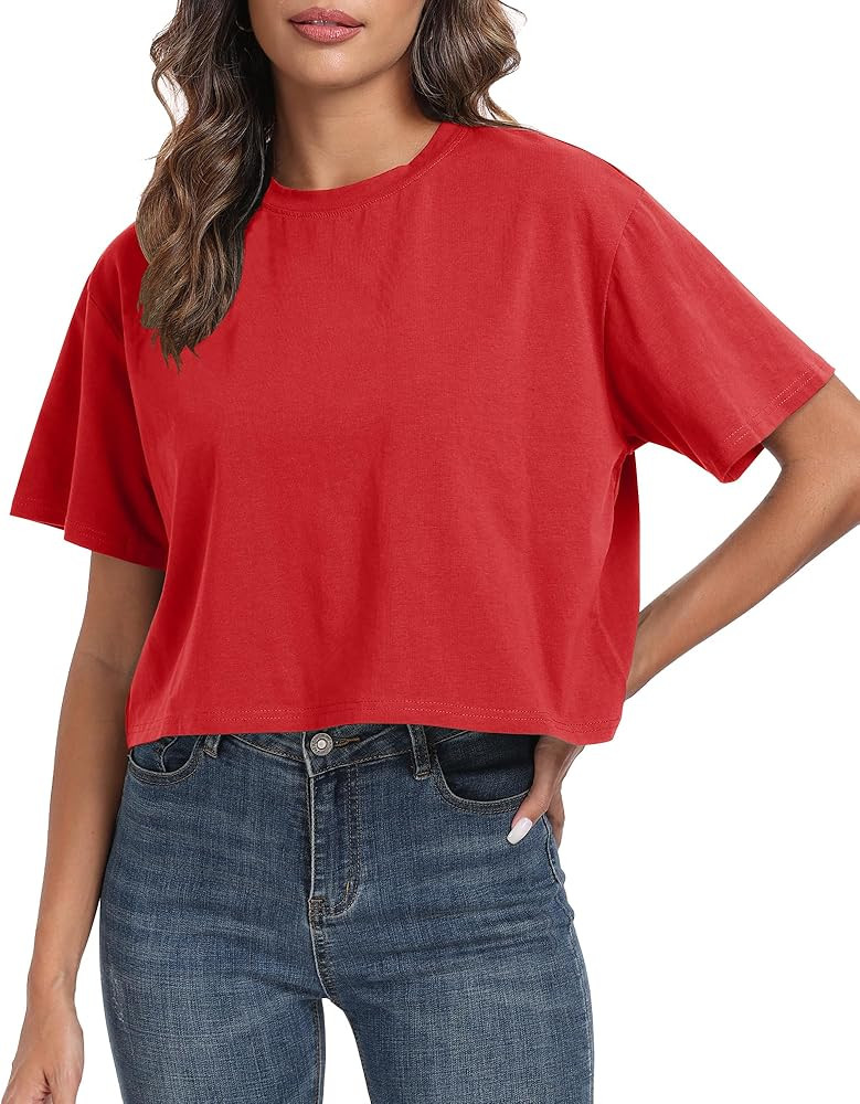 PRIMODA Women's Oversized Workout Cropped T Shirts Crew Neck Short Sleeve Casual Loose Summer Cro... | Amazon (US)
