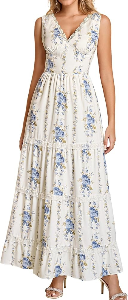 KUTUMAI Summer Lace Floral Wedding Guest Maxi Dresses for Women V Neck Corset Long Flowy Tea Part... | Amazon (US)