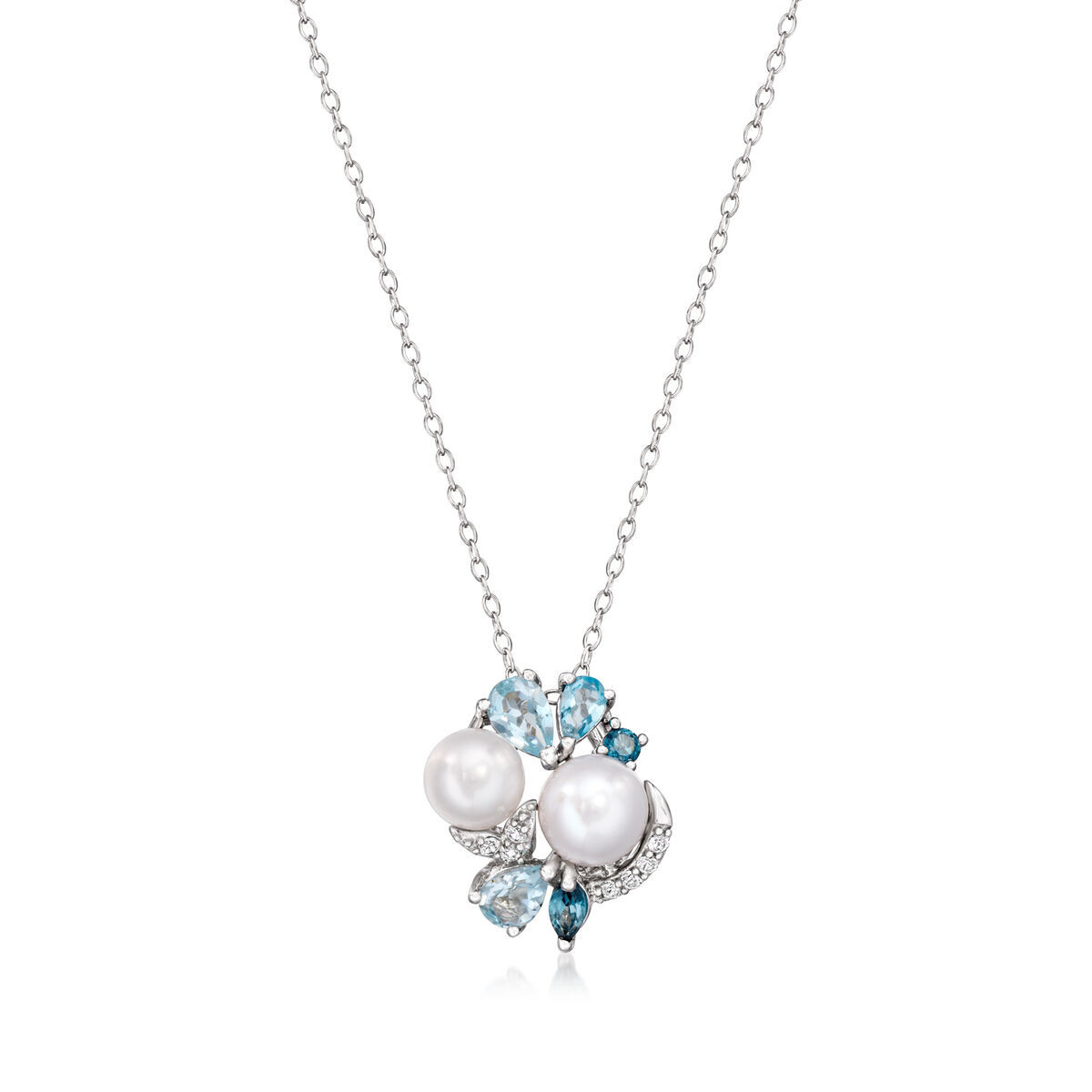 6.5-8mm Cultured Pearl and 1.58 ct. t.w. Multi-Gemstone Cluster Pendant Necklace in Sterling Silv... | Ross-Simons