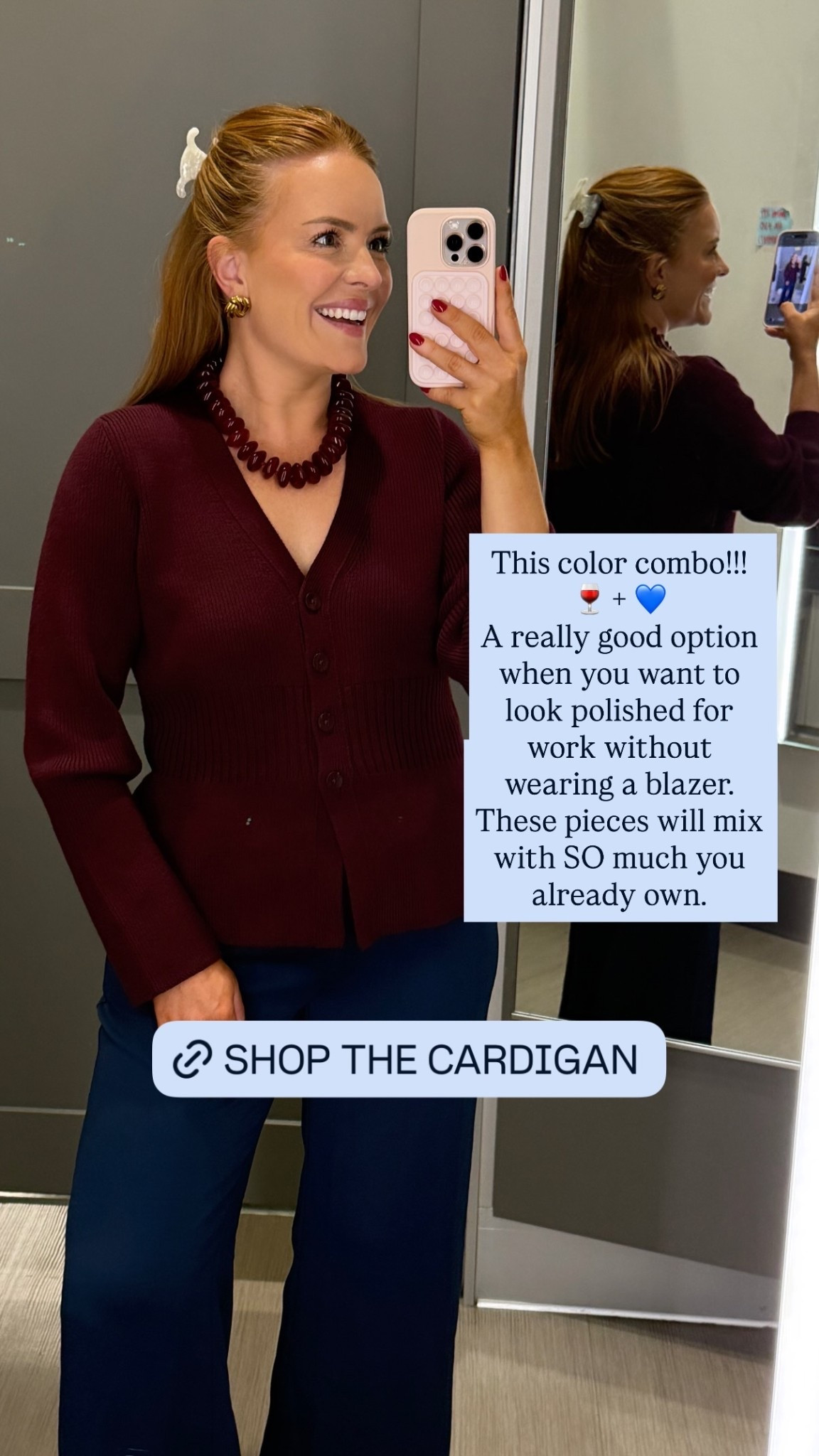 This color combo!!! 🍷 + 💙
A really good option when you want to look polished for work without wearing a blazer.
These pieces will mix with SO much you already own.