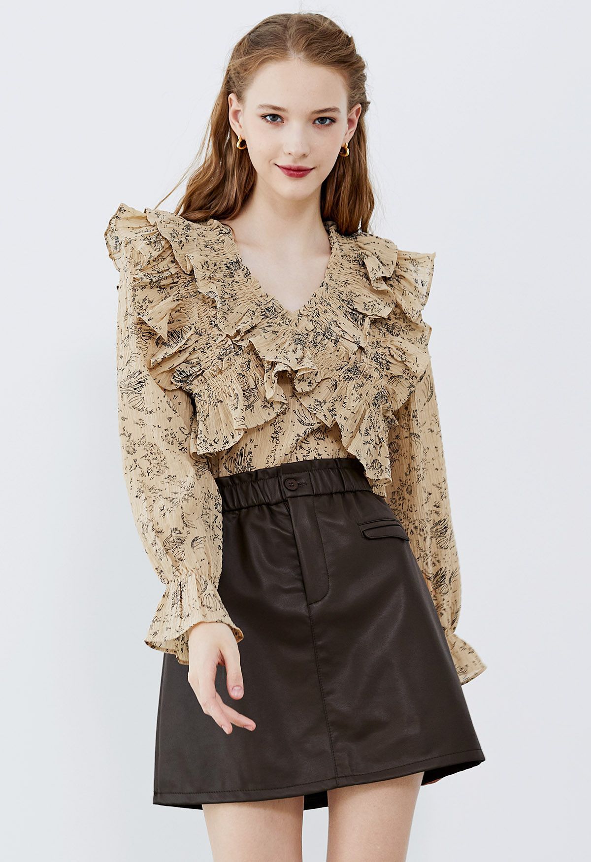 Abstract Print Cross Tiered Ruffled Top in Light Tan | Chicwish