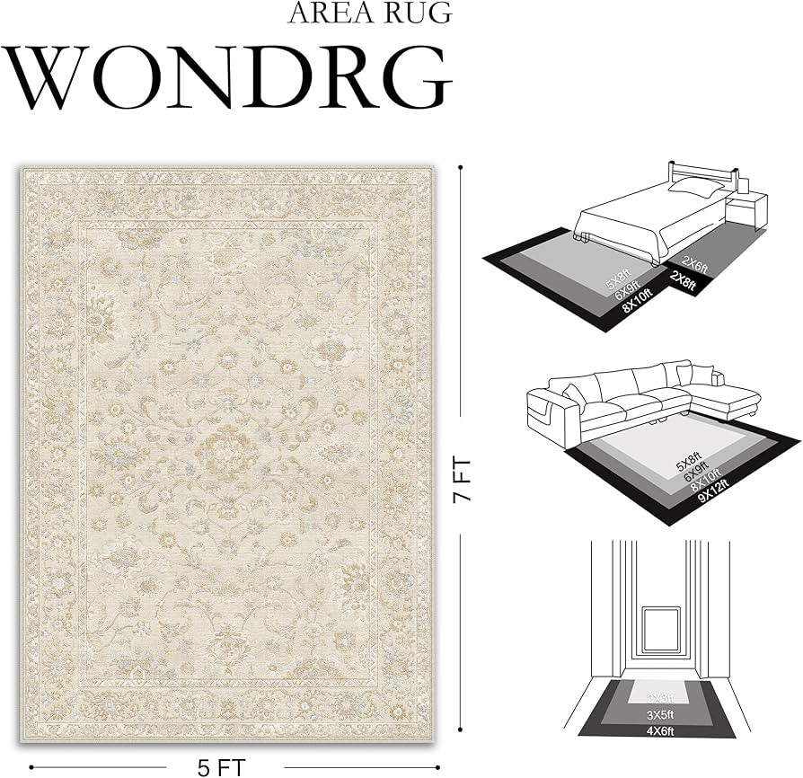 8x10 Beige Washable Area Rug for Living Room Bedroom Neutral Soft Floral Non Slip Large Throw Rug... | Amazon (US)