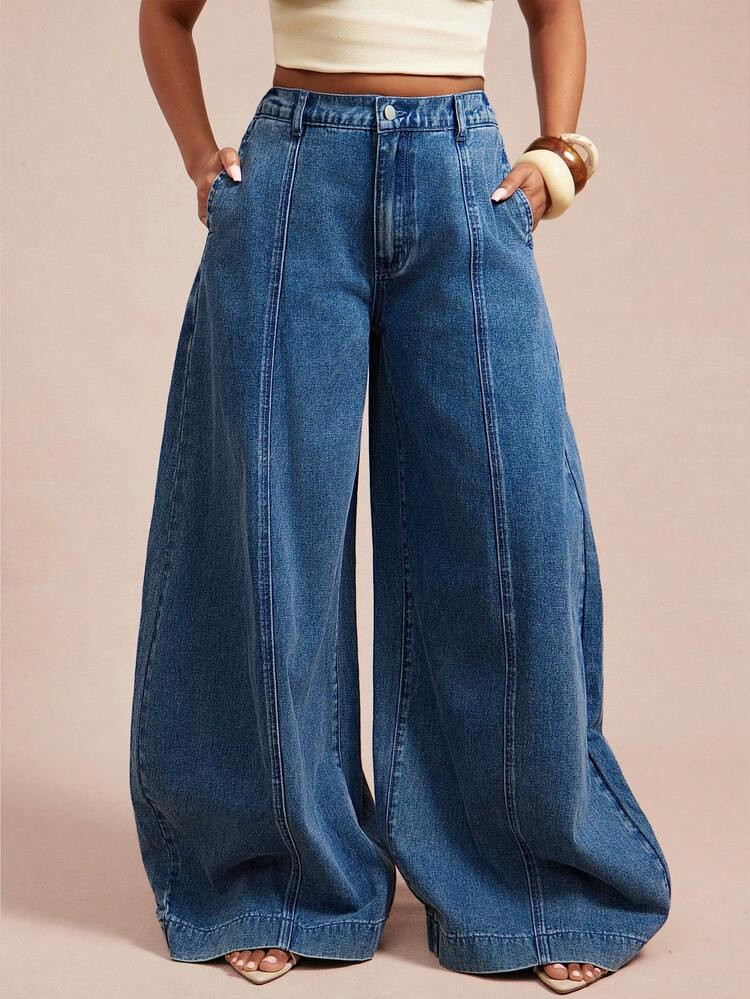 Vixey High Waist Seam Detail Extra Wide Barrel Leg Jeans | SHEIN