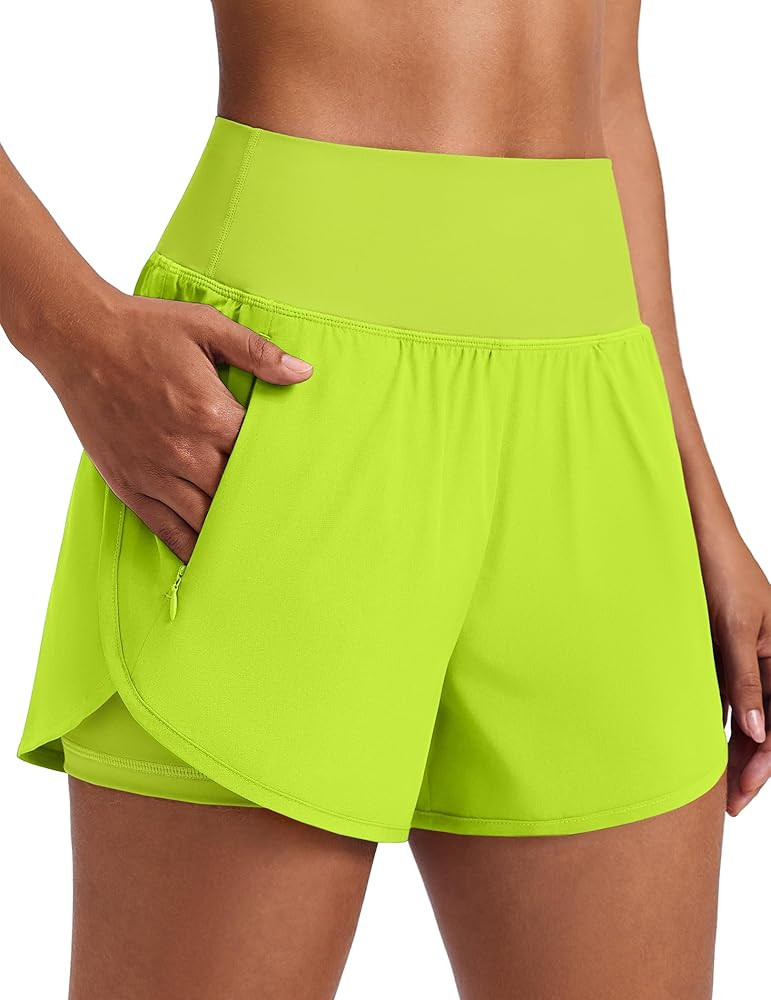 PINSPARK Women's 2 in 1 High Waisted Athletic Running Shorts 3" Dolphin Hem Quick Dry Workout Gym... | Amazon (US)