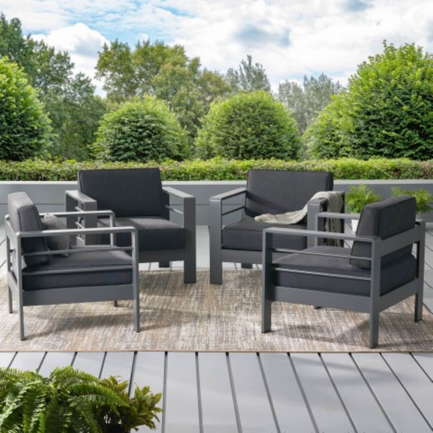 Christopher Knight Home Coral Outdoor Aluminum Club Chairs with Water-Resistant Cushion (Set of 4) - Dark Grey | 301794 | Lowe's