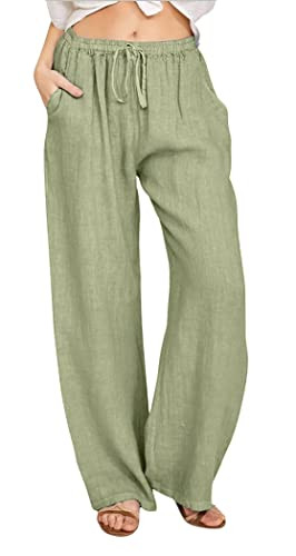 CHARTOU Women's Summer Drawstring Waist Wide Leg Loose Cotton Linen Palazzo Pants (Small, White) ... | Amazon (US)