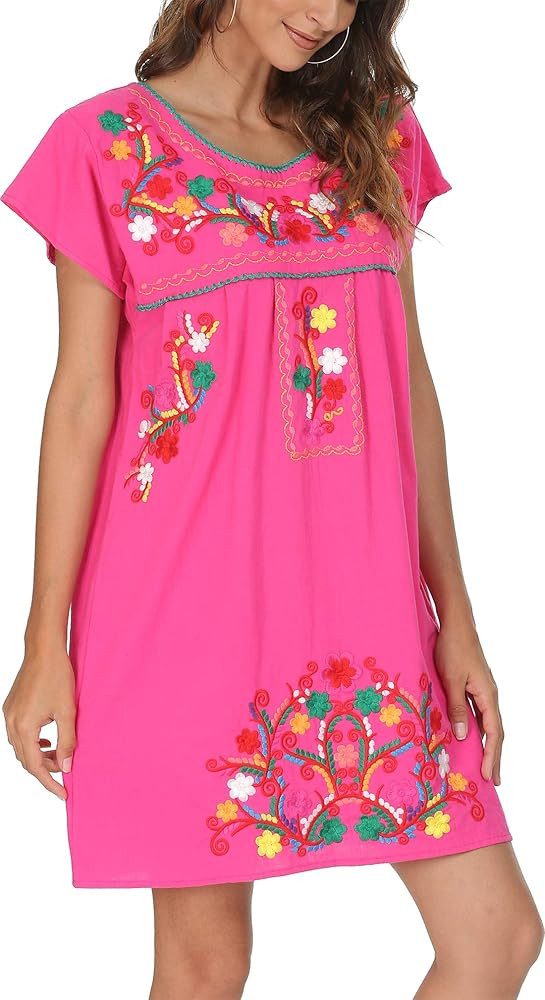 YZXDORWJ Women Mexican Embroidered Dress Short Sleeve | Amazon (US)