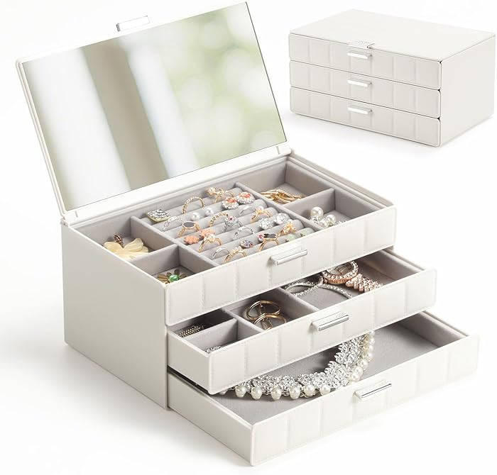 LAMU Jewelry Box Organizer with Mirror, 3-Layer Jewelry organizer with 2 Drawers, Large PU Leathe... | Amazon (US)