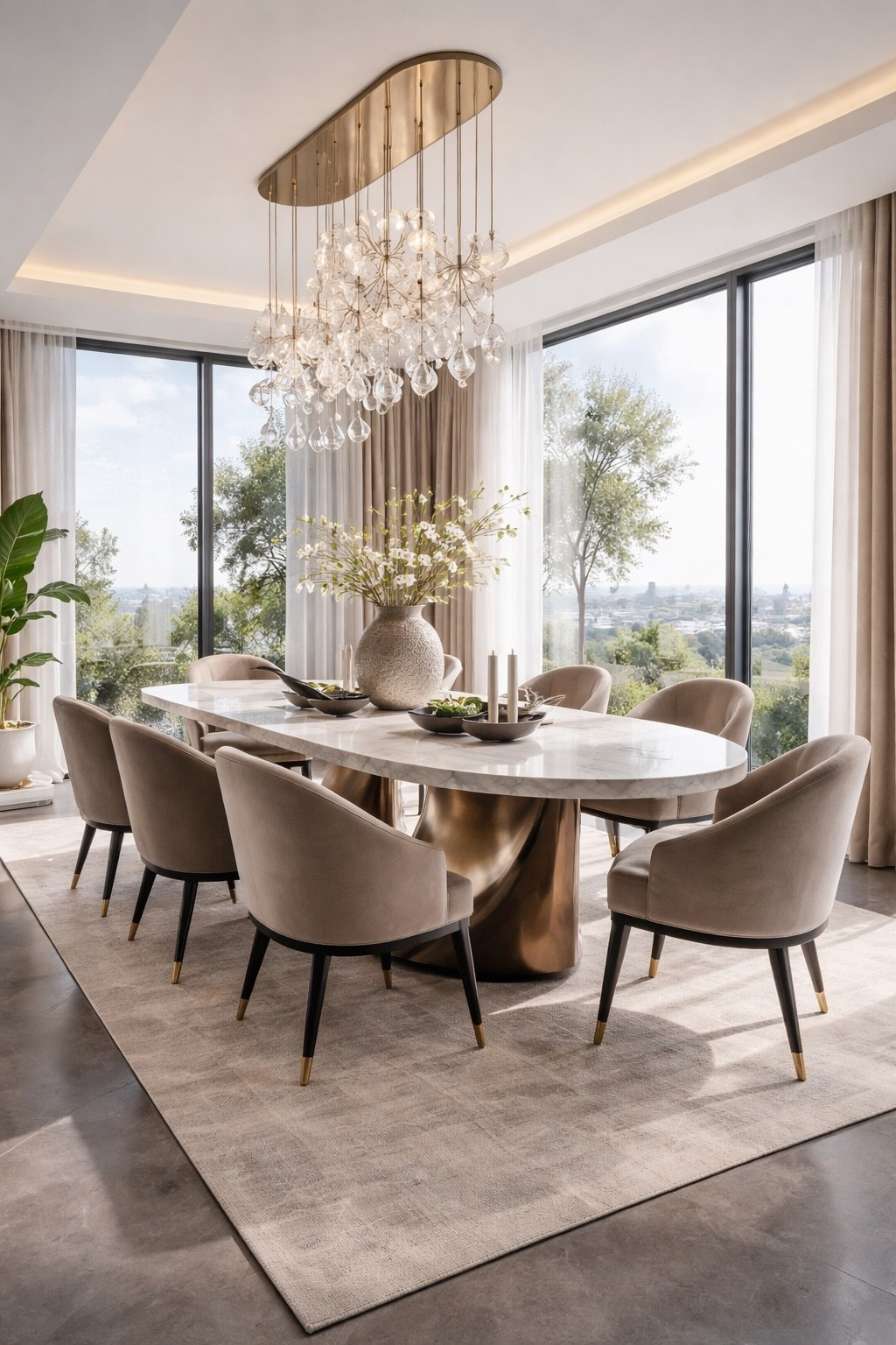 Elegant modern dining room featuring a marble dining table, upholstered dining chairs, and a stunning crystal chandelier. The soft neutral palette, warm beige tones, and floor-to-ceiling windows create a sophisticated luxury interior perfect for modern homes. This minimalist yet elegant dining space blends contemporary design with timeless comfort, making it ideal inspiration for upscale dining room decor.

#luxurydiningroom #moderndiningroom #marblediningtable #neutraldecor #beigedecor #luxuryinterior #modernhome #interiordesign #diningroominspo #homedecor #modernluxury #diningroomdecor #neutralinterior #luxuryhome #interiorinspiration