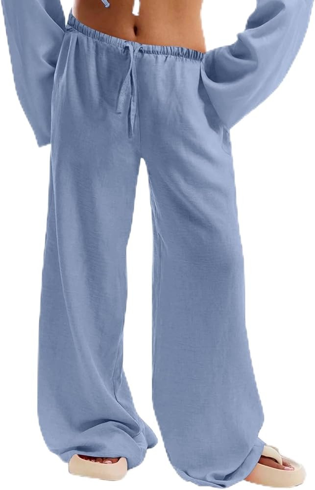Women Palazzo Pants Linen Summer Flowy Wide Leg Beach Casual Trousers with Pockets | Amazon (US)