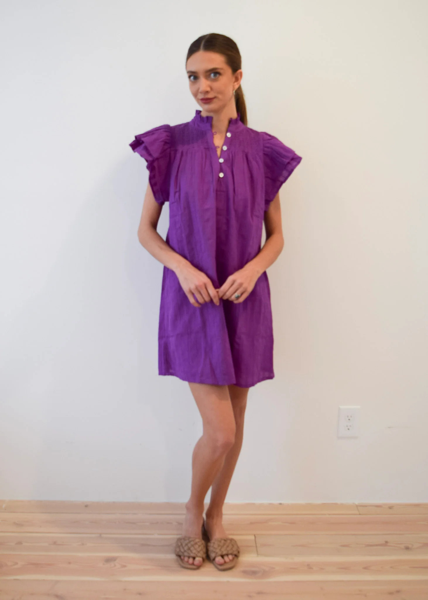 Never A Wallflower | Smocked Short Dress Purple Pinstripe Solid | Never A Wallflower