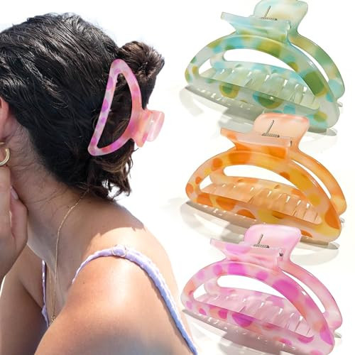 Flower Hair Claw Clips, 3PCS 3.1" Big Cute Claws for Women/Girls' Thick/Thin Hair, Nonslip Strong Hold Styling Gift | Amazon (US)
