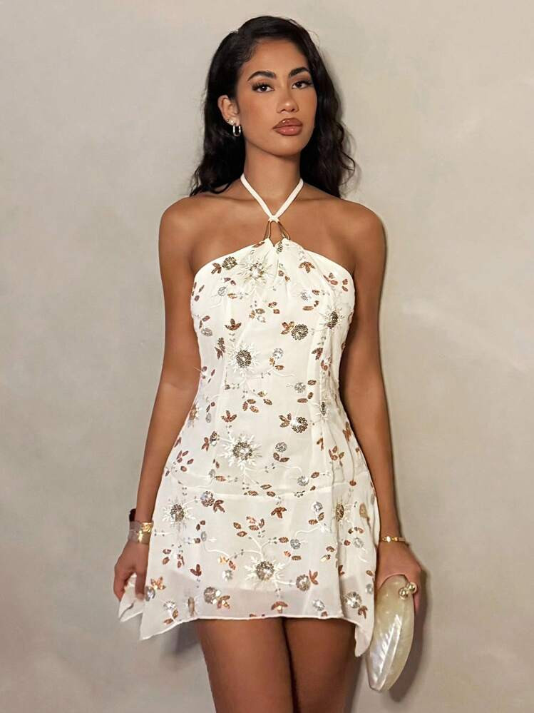 Glamine Women's Apricot Beaded Sexy Sleeveless Asymmetric Hem Mini Backless Holiday Party Dress Birthday Party Dress, Night Club, Vintage, Y2K, Influencer, Party Wear, Sequin Dress Halter Dress Party Dress Sequin Dress White Floral Dress | SHEIN