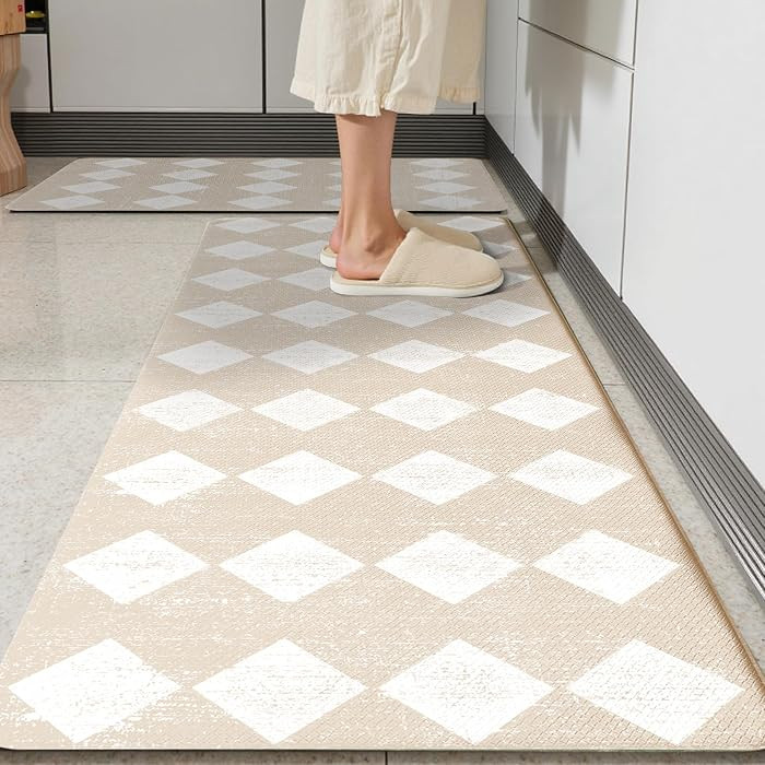 Moroccan Trellis Cream Checkered Kitchen Rug Sets [2 PCs], Anti-Fatigue, Waterproof Non-Slip Kitc... | Amazon (US)