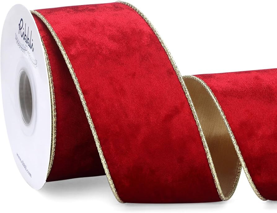 Ribbli Red Velvet Wired Ribbon 2.5 Inch Metallic Red Gold Crushed Velvet Christmas Ribbon for Gif... | Amazon (US)