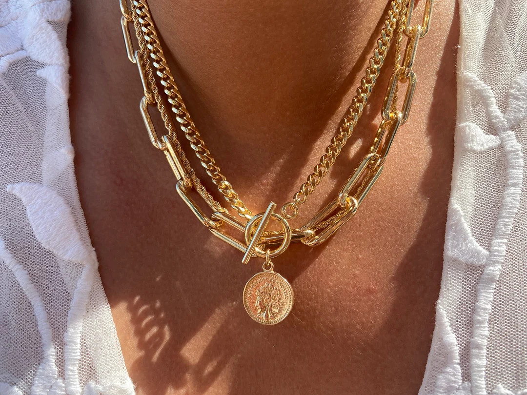 Coin Layered Chain Necklace | 18K Gold Filled Necklaces Set | Toggle Chain Caesar Chain | Chunky ... | Etsy (US)