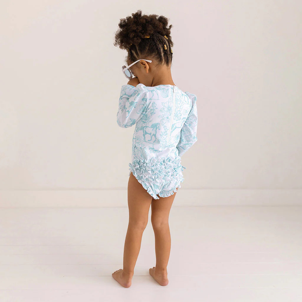 Floral Blue Girls Rash Guard Swimsuit | Charlotte Anne | Posh Peanut
