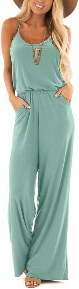 Lacozy Womens Casual Loose Sleeveless Spaghetti Strap Wide Leg Pants Jumpsuit Rompers | Amazon (US)