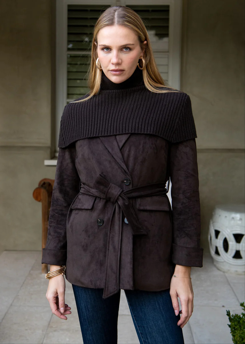 Blythe Belted Vegan Suede Trench Coat with Knit Overlay - Brown | Benaar La