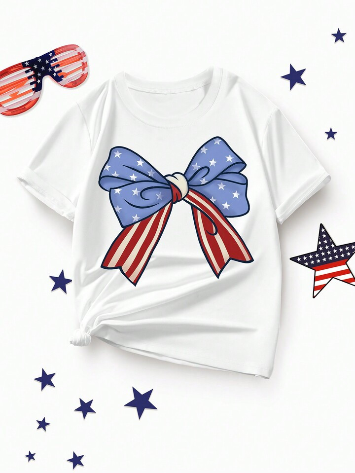 Girls' Crewneck T-Shirt With Independent Day Letter Print, Casual Kids' Clothing | SHEIN