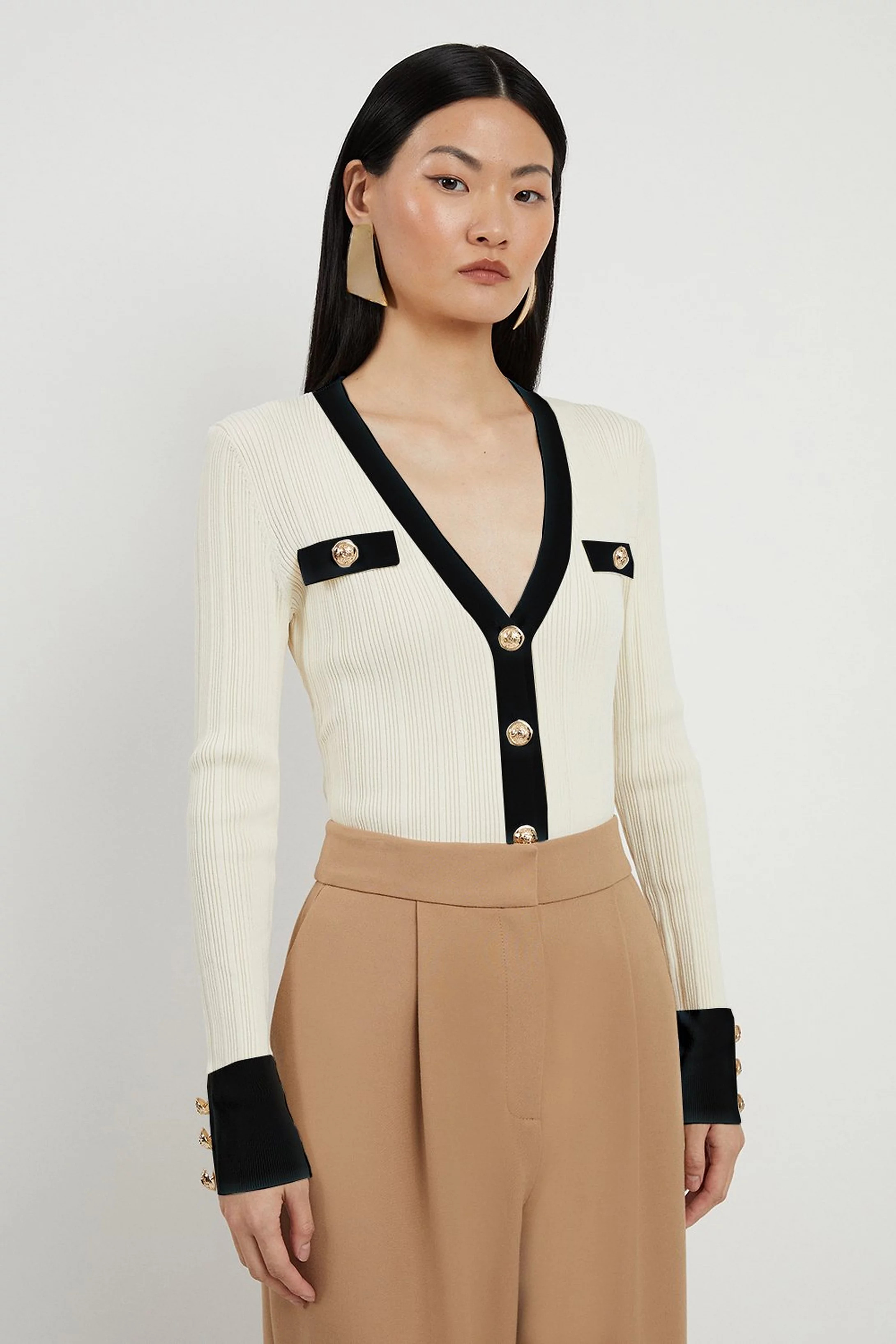 Viscose Blend Dry Handle Rib Military Trim Cardigan | Karen Millen UK + IE + DE + NL