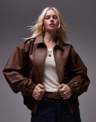 Topshop faux leather oversized bomber jacket in brown | ASOS (Global)