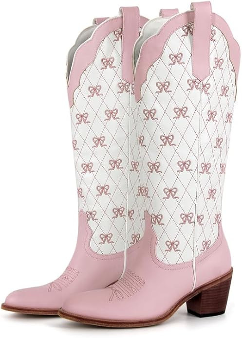 MissHeel Mini Bows Knee High Cowgirl Boots White Cowboy Boots for Women | Amazon (US)