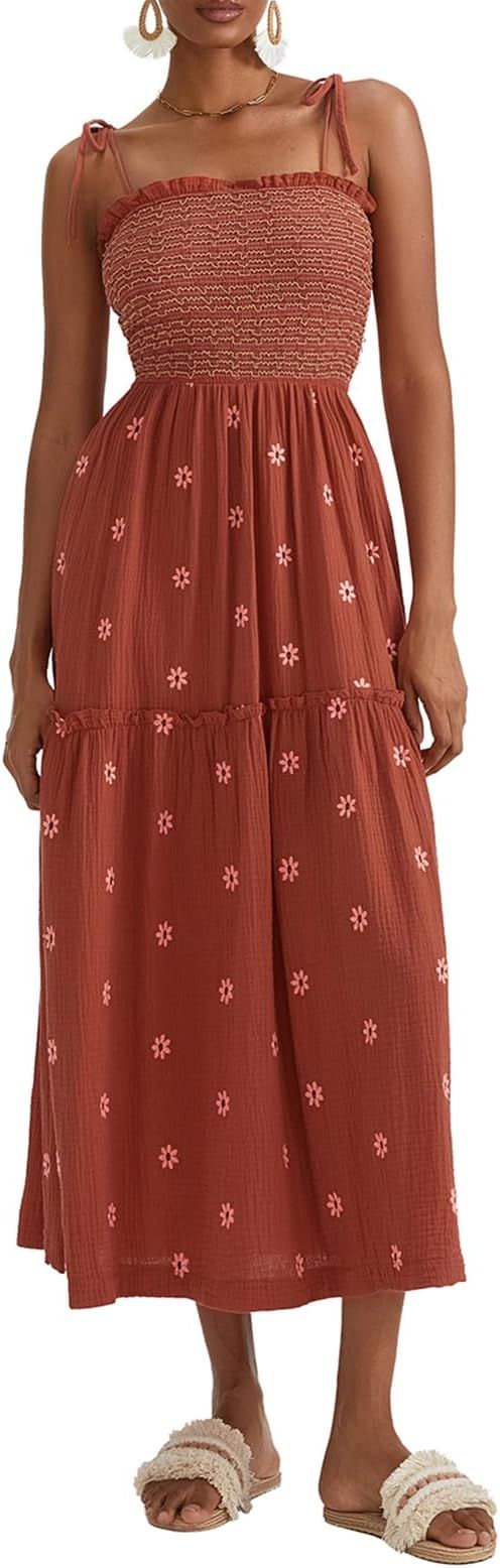 Womens Summer Spaghetti Strap Boho Maxi Dress Bohemian Low Cut Backless Midi Dress Embroidery Hig... | Amazon (US)