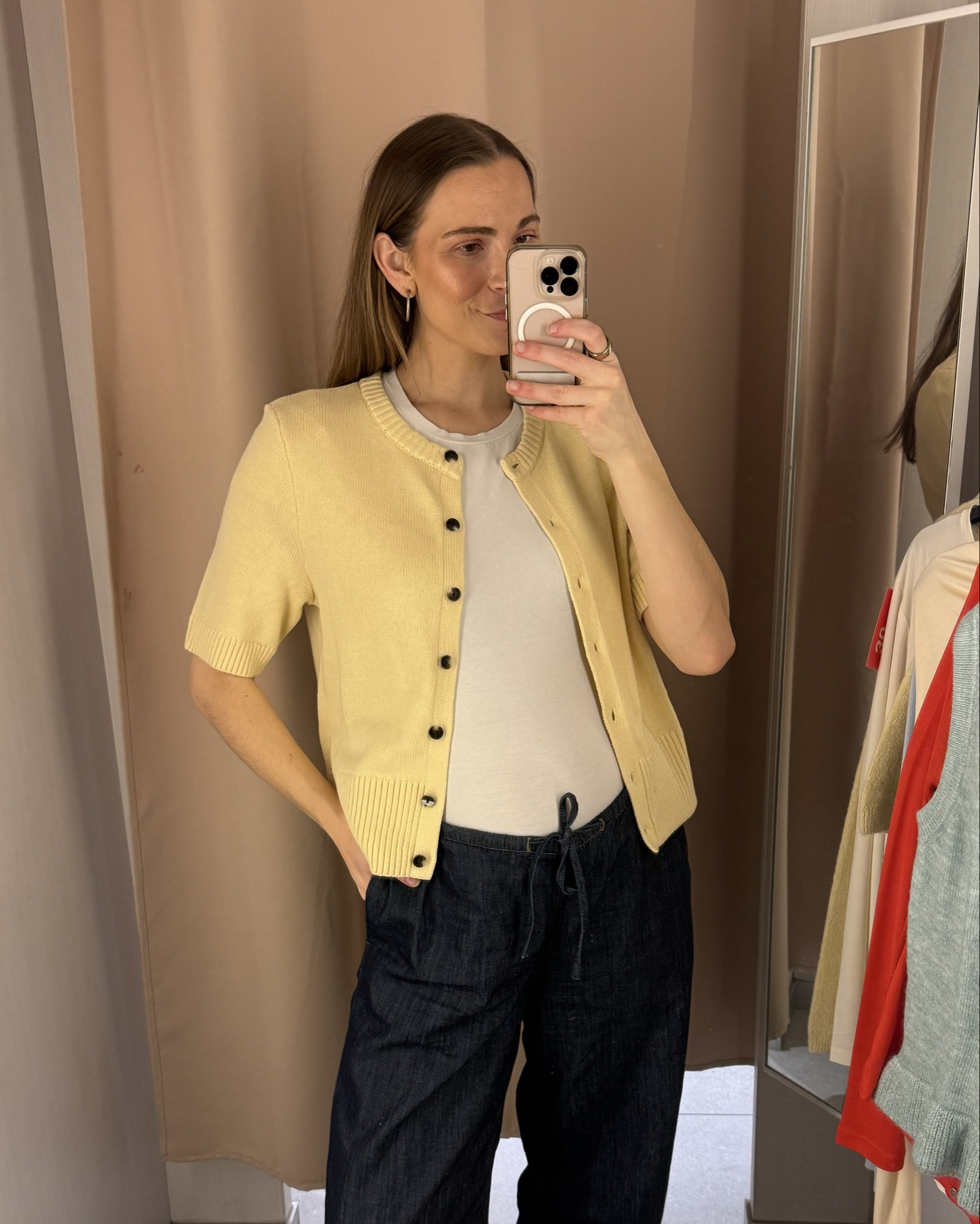 H&M Try-on haul 
1. Drawstring denim trousers - size medium (run large). 
2. Yellow short sleeve cardigan - wearing size Medium (sized up 1 size). 
3. Red polo is not available online 
4. Yellow long sleeve cardigan - wearing size medium (sized up 1 size). 
5. Teal knit vest - wearing size medium (sized up 1 size). 

#LTKBump #LTKWorkwear
