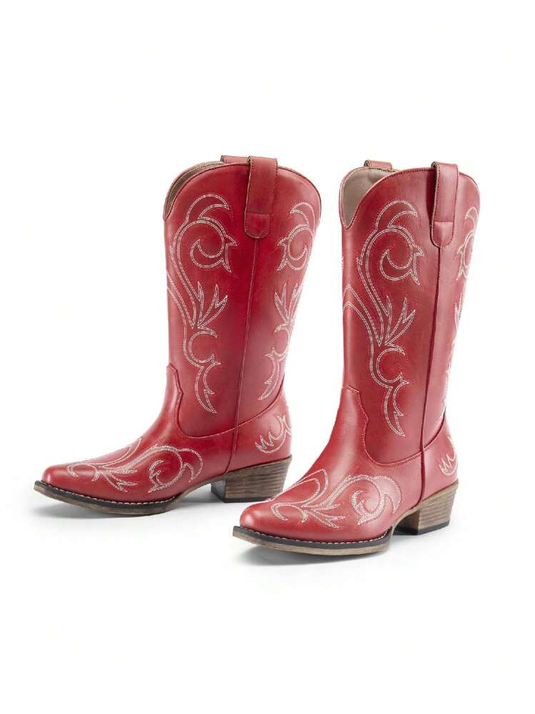 Women's Mid Calf Cowgirl Boots Cowboy Boots Pointed Toe Fashion Slip-On Chunky Heel Embroidery Stitched Western Red Boots For Festival Party Shoes | SHEIN