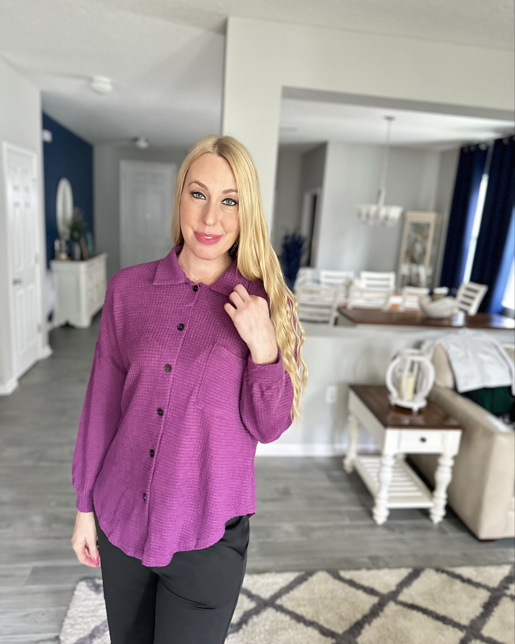 Purple waffle knit button up
💓 the color is stunning
💖 super stretchy and loose fit 
💓 wearing size small, fits true to size 

#LTKFindsUnder50 #LTKStyleTip #LTKWorkwear