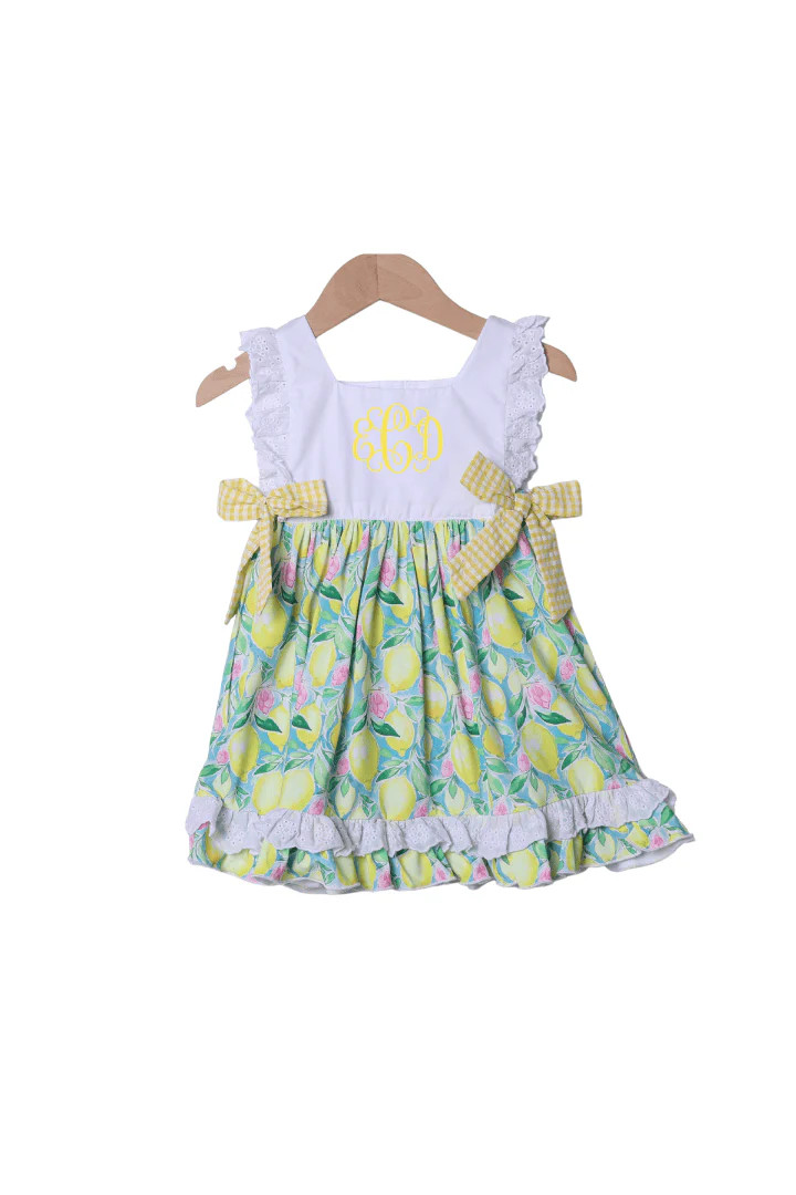Yellow and Pink Lemon Ruffle Dress | The Smocked Flamingo
