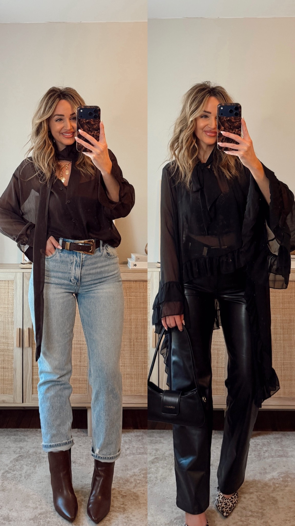 date night // weekend outfit ideas! flowy sheer tops— denim or faux leather pants?! i’m in a size M brown top, size S black top. size 27 curve love denim short + long. for anything vici code LEANN35 saves 35% off! abercrombie, amazon fashion, revolve, vici denim style, date night outfits, weekend style 

#LTKootd