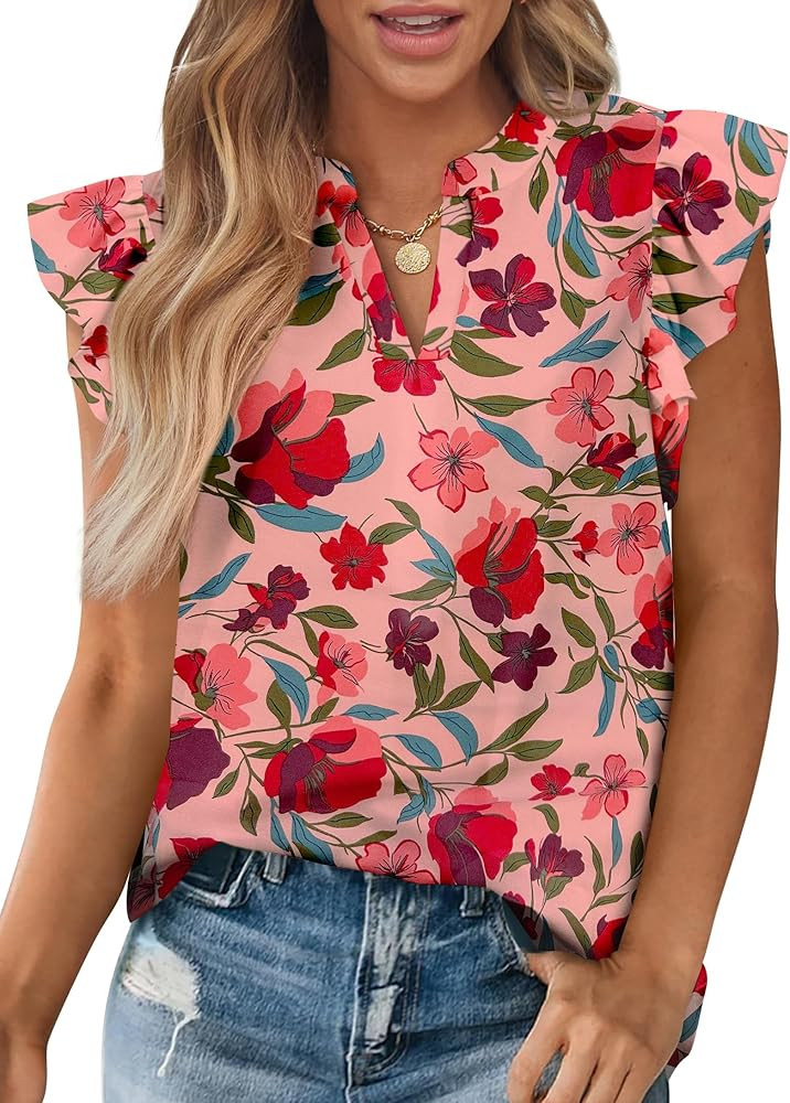 Zenlonr Womens Dressy Casual Tops 2025 Summer Ruffle Cap Sleeve V Neck Shirts Boho Floral Blouses... | Amazon (US)
