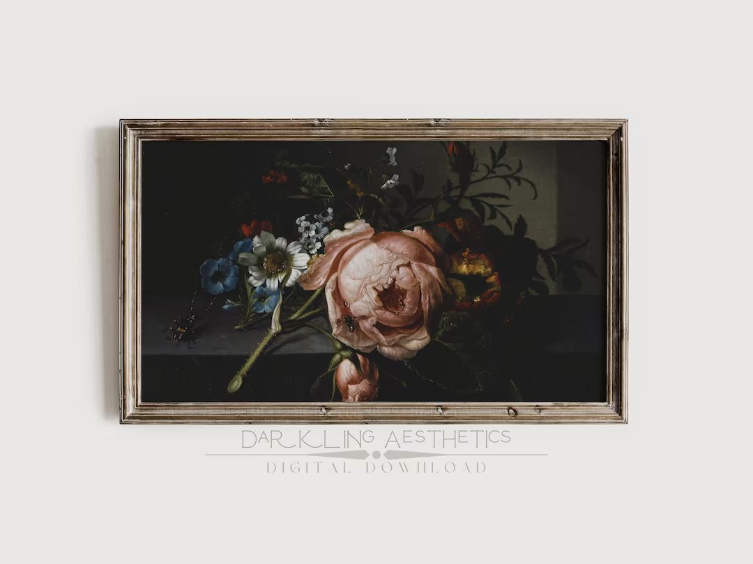 Samsung Frame TV Art Rose Branch With Beetle & Bee Painting Vintage Moody Dutch Floral Dark Acade... | Etsy (US)