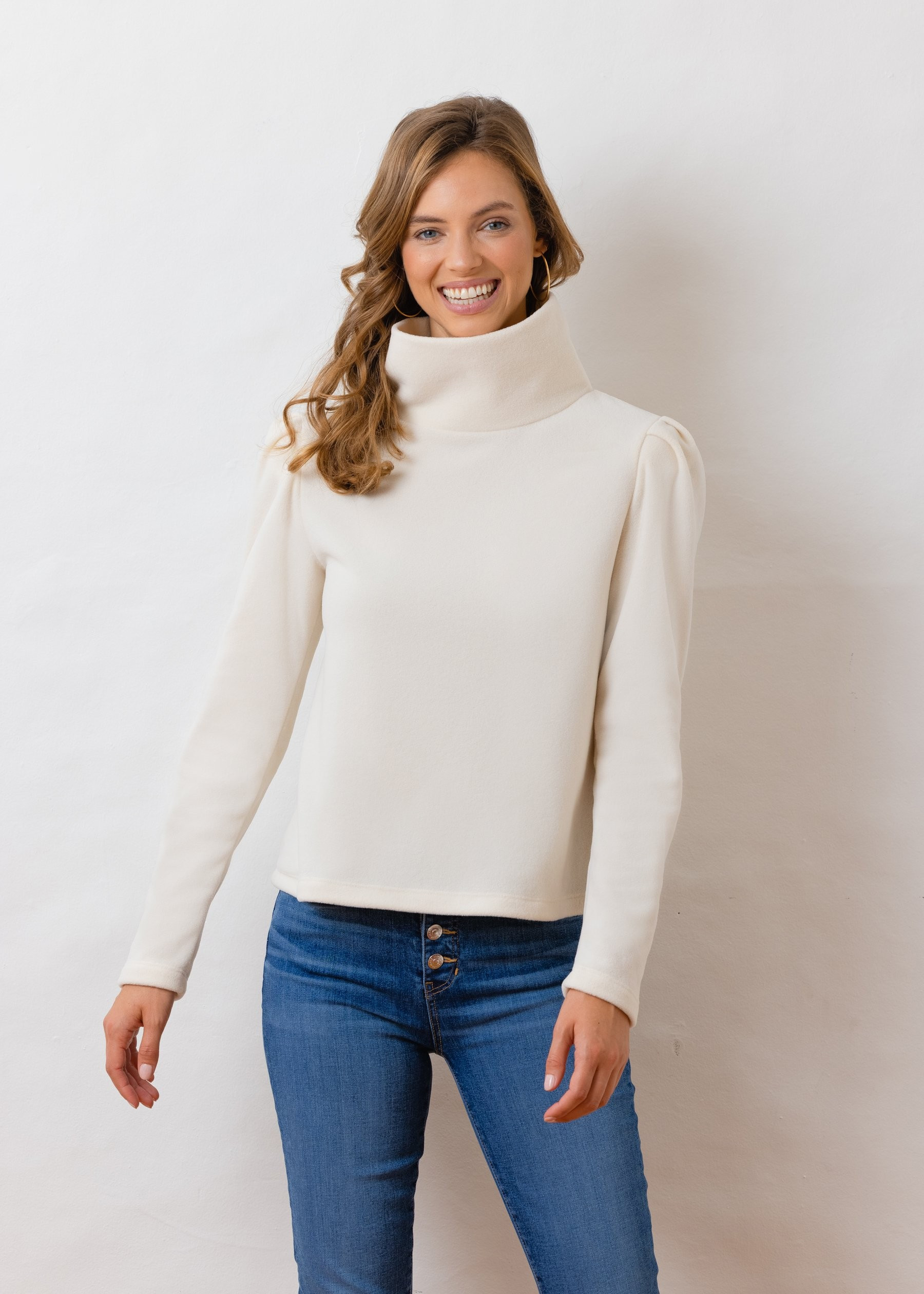 Palmer Puff Sleeve Turtleneck in Vello Fleece (Cream) | Dudley Stephens