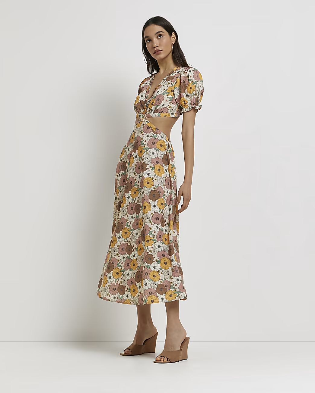 Orange floral cut out midi dress | River Island (UK & IE)