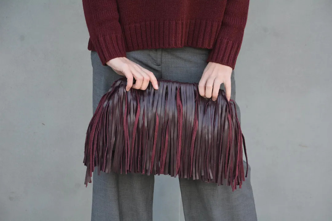 Burgundy Genuine Leather Fringed Framed Clutch, Leather Large Cloud Bag With Tassels, Handmade Ov... | Etsy (US)