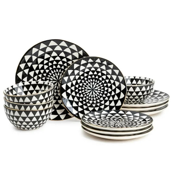 Thyme & Table Medallion 12-Piece Ceramic Dinnerware Set Black and White | Walmart (US)