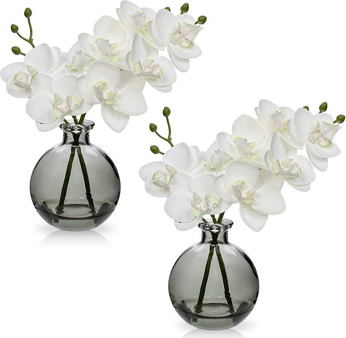 Oairse White Orchids Artificial Flowers Faux Orchid Arrangement with Black Glass Vase Set of 2 Re... | Amazon (US)