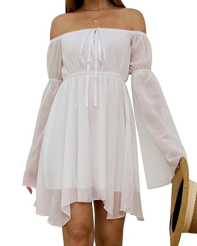 Womens Off Shoulder Dress Bell Sleeve Lace-Up Chiffon Casual Party Mini Fairy Dresses | Amazon (US)