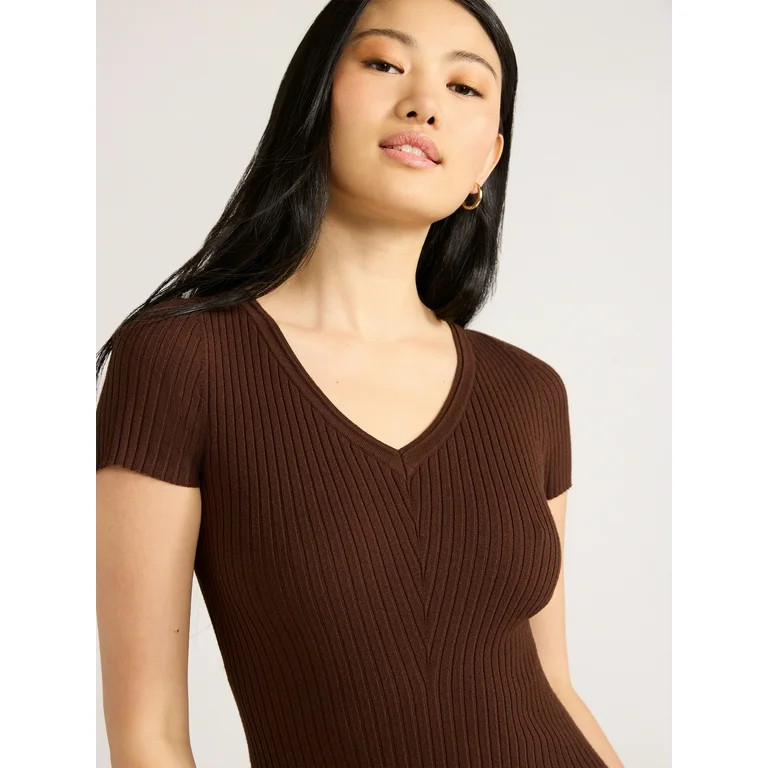 Scoop Women's V-Neck Bodycon Ribbed Sweater Dress, Midweight, Sizes XS-XXL | Walmart (US)
