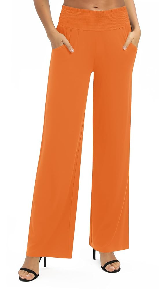 Women's Loose Straight Leg Palazzo Pants High Elastic Waist Causal Trousers with Pockets | Amazon (US)