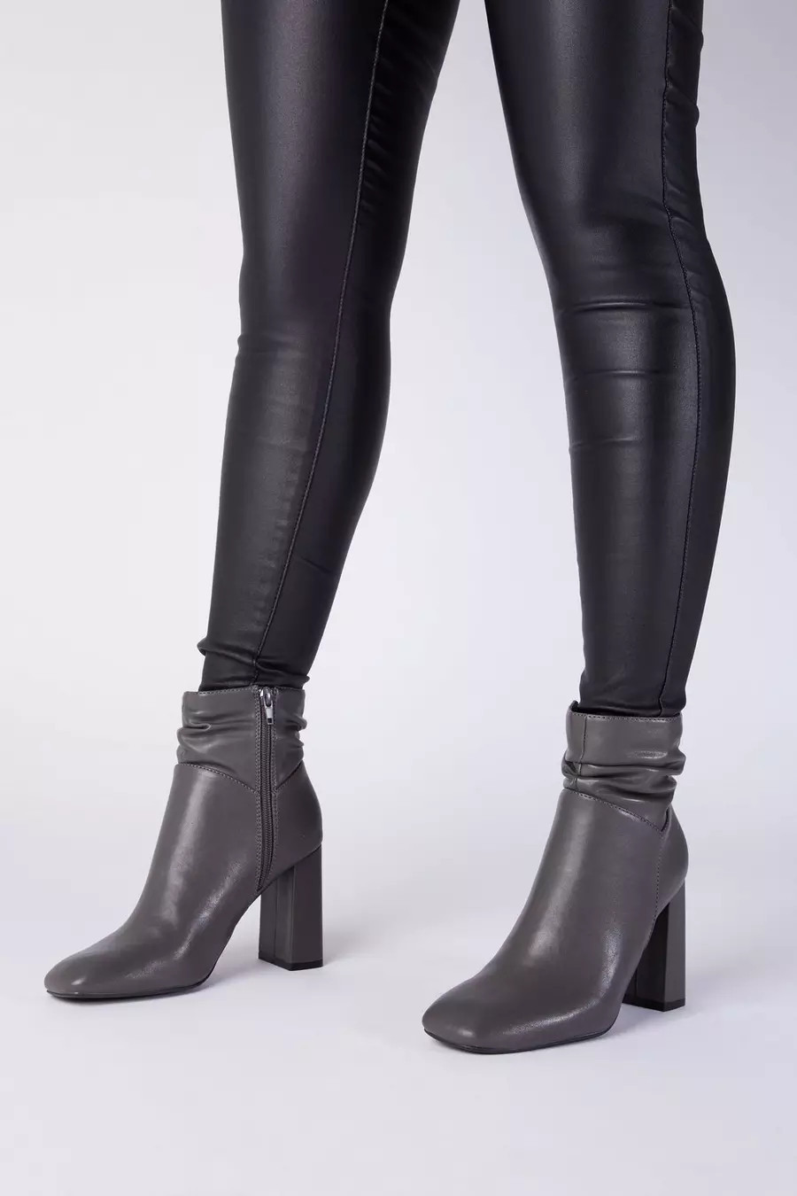Grey Faux Leather Ruched Ankle Boot | Quiz Clothing