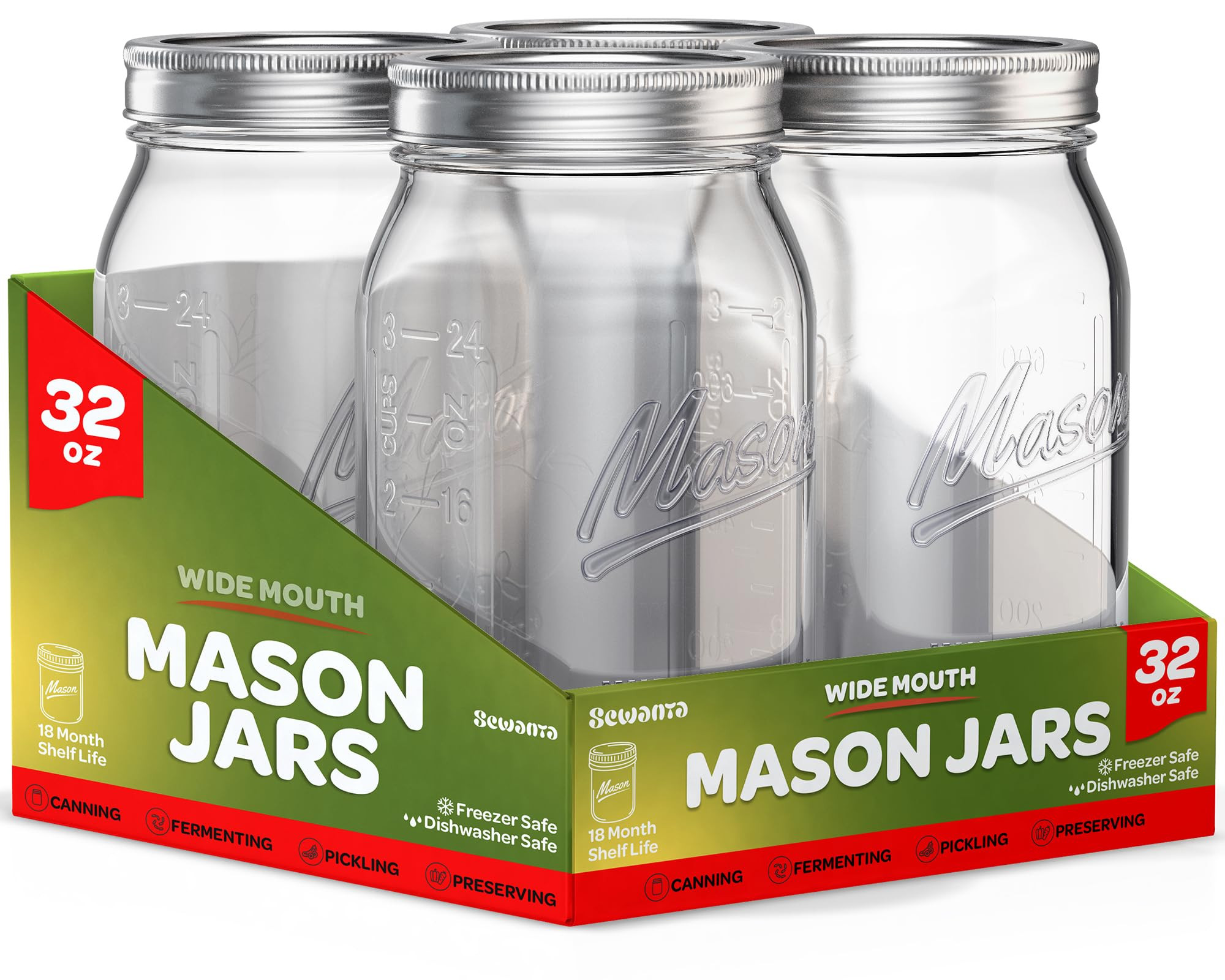 SEWANTA Wide Mouth Mason Jars 32 oz [4 Pack] With Mason Jar Lids and Bands, Mason Jars 32 oz - Fo... | Amazon (US)