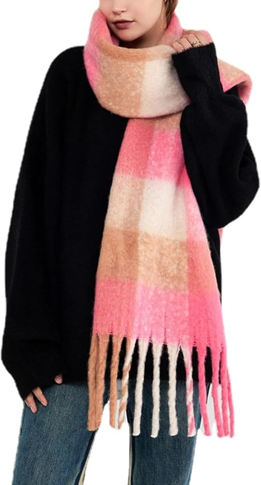 Chunky Winter Scarfs for Women Cold Weather Warm Knit Thick Plaid Scarf Long Large Oversized Chec... | Amazon (US)