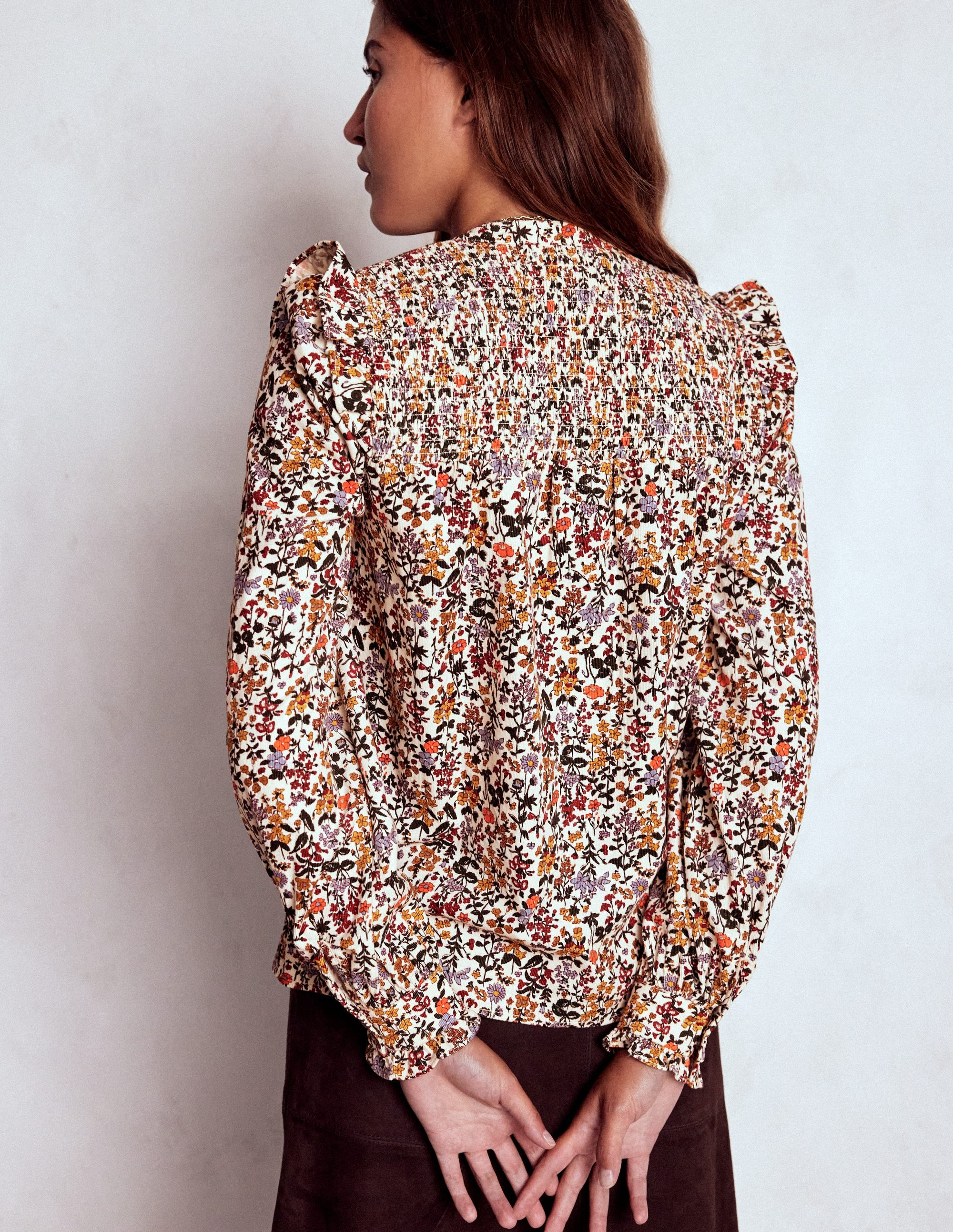 Smocked Yoke Cord Top-Ivory Floral | Boden (US)